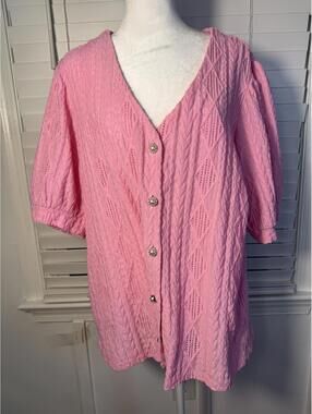 Love Scarlett 2X Pink Pointelle Knit Puff Sleeve Cardigan Button Front Plus
